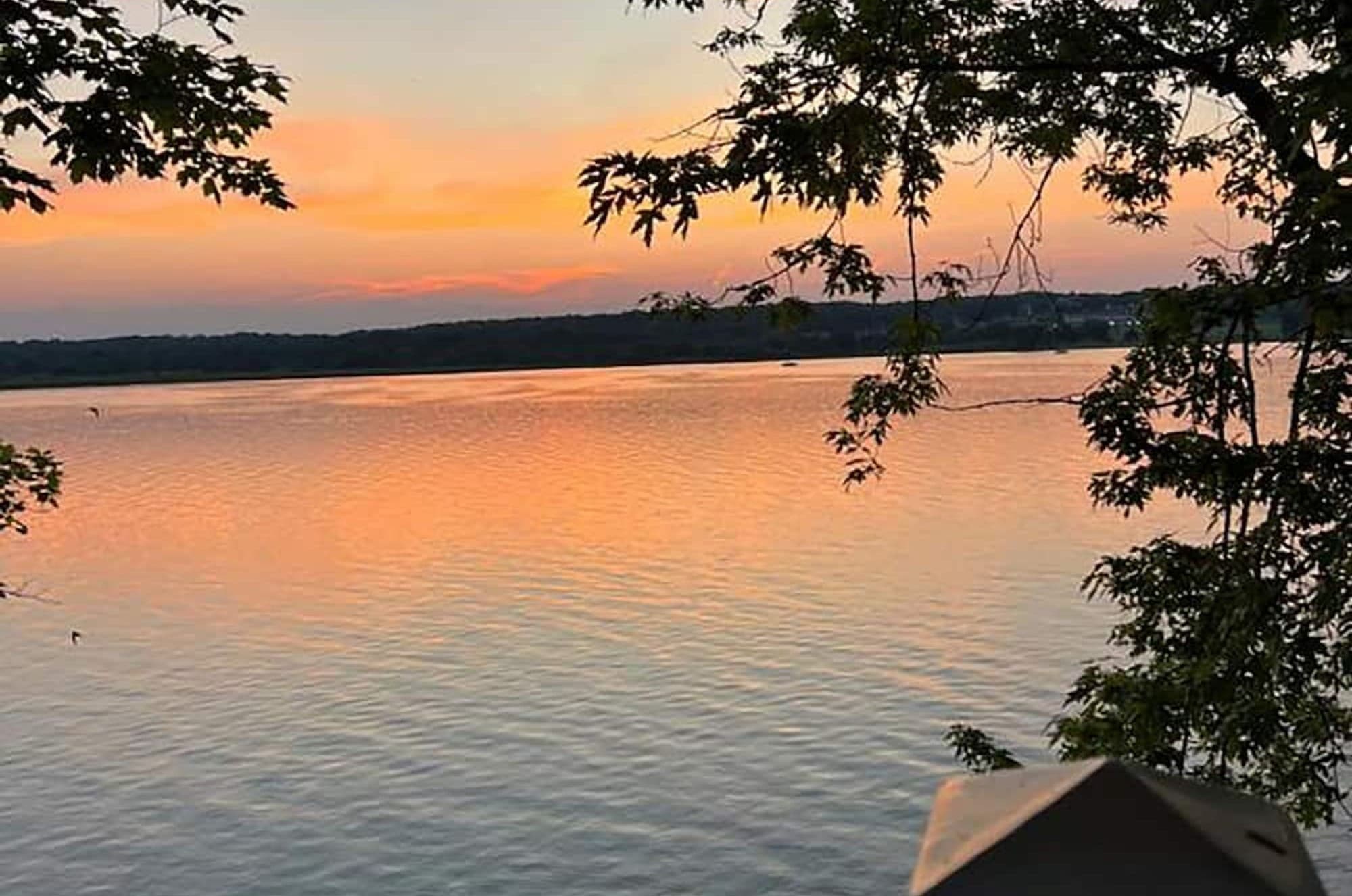 An orange sunset over the lake through overhanging branches
